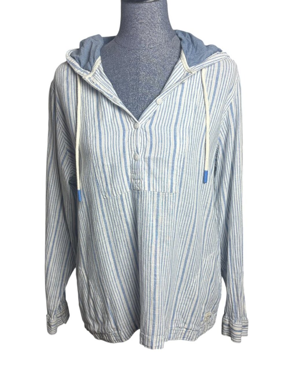 Ll Bean Size L Hooded Henley Striped Top Blue White Linen Cotton Shirt Costal